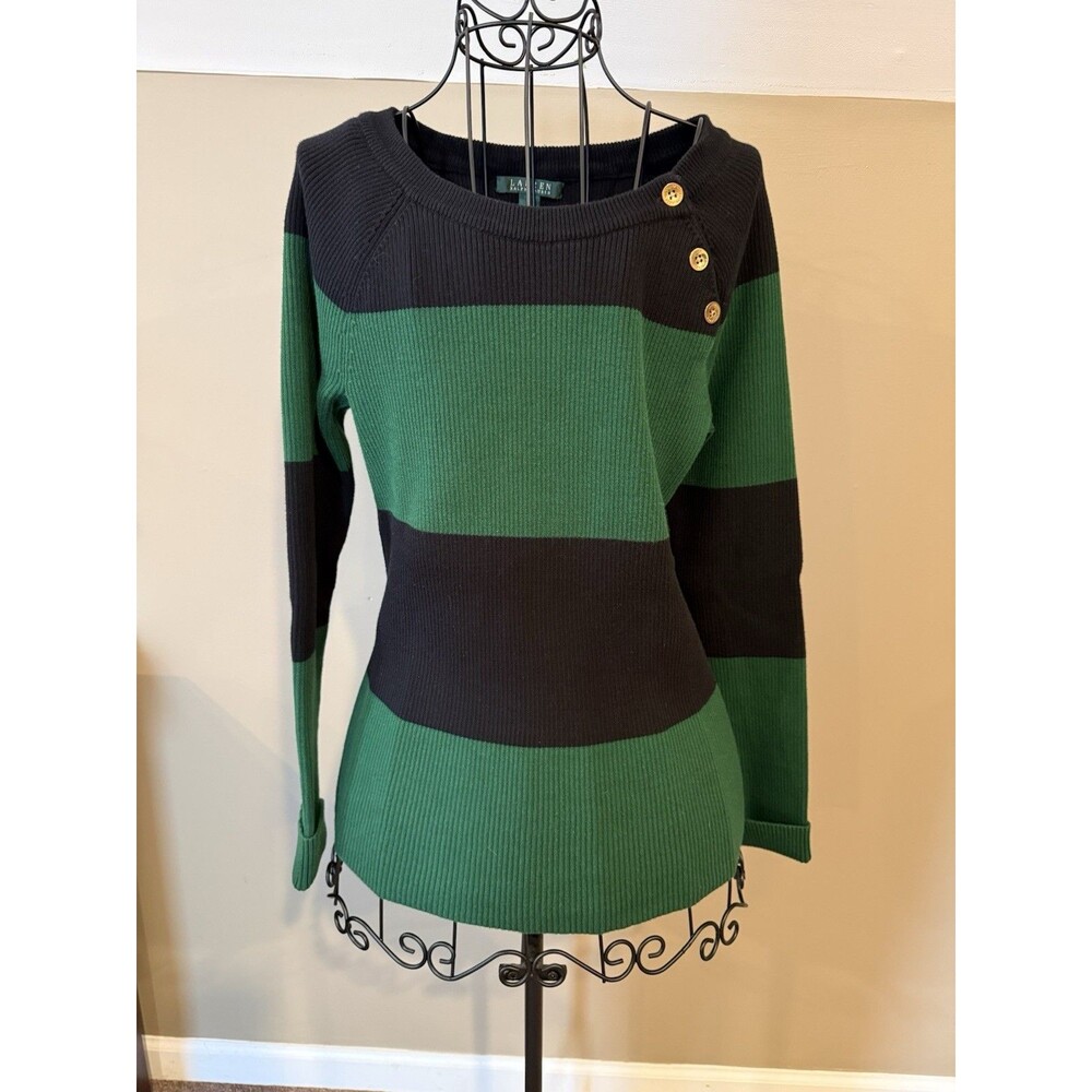 Lauren Ralph Lauren Women's Navy Blue And Green Striped Pullover Sweater Size L